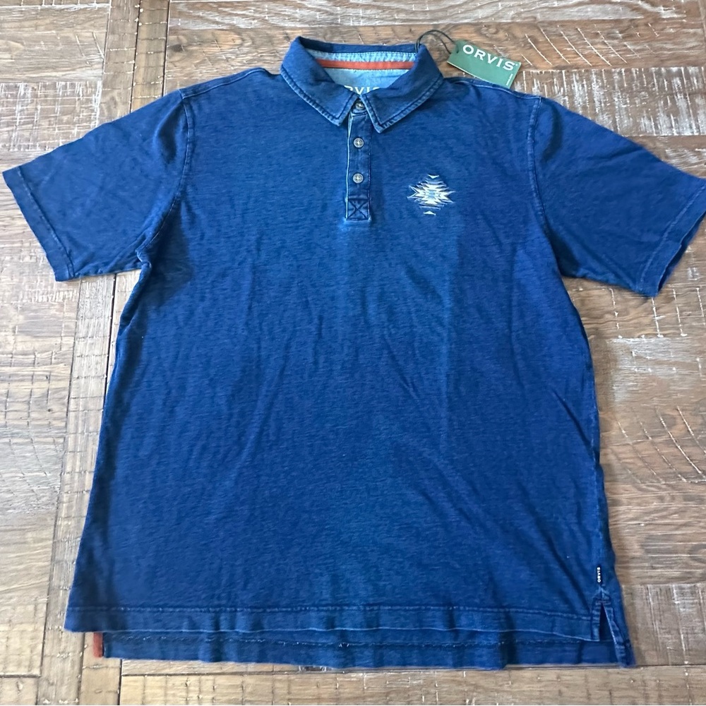 NEW Orvis Men’s Blue Southwestern Embroidered Polo Shirt, size Large